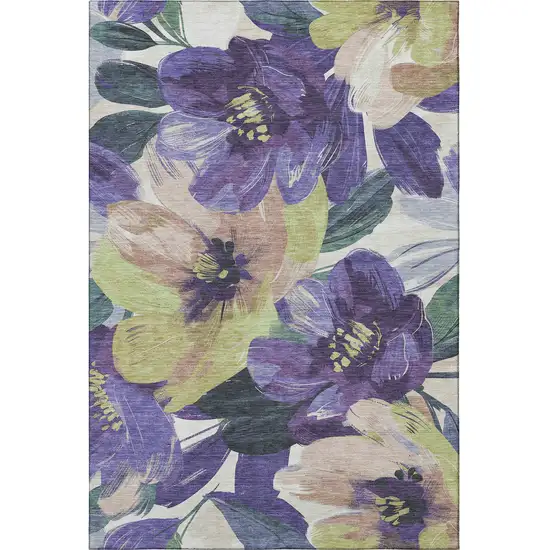 Purple Green And Ivory Floral Washable Area Rug With UV Protection Photo 3