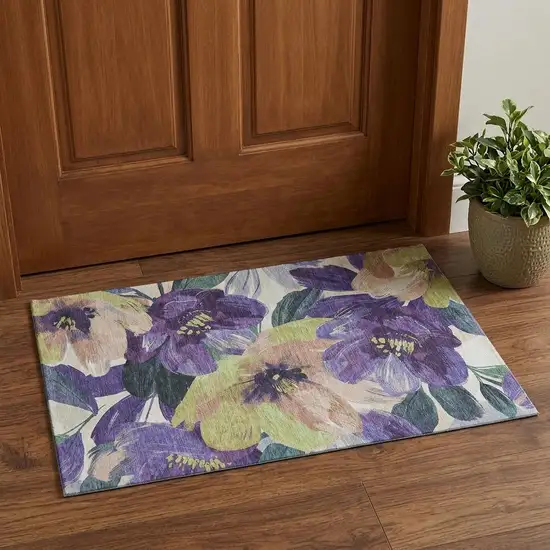 Purple Green And Ivory Floral Washable Area Rug With UV Protection Photo 1