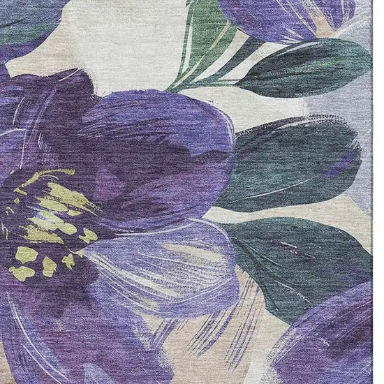 Purple Green And Ivory Floral Washable Area Rug With UV Protection Photo 2