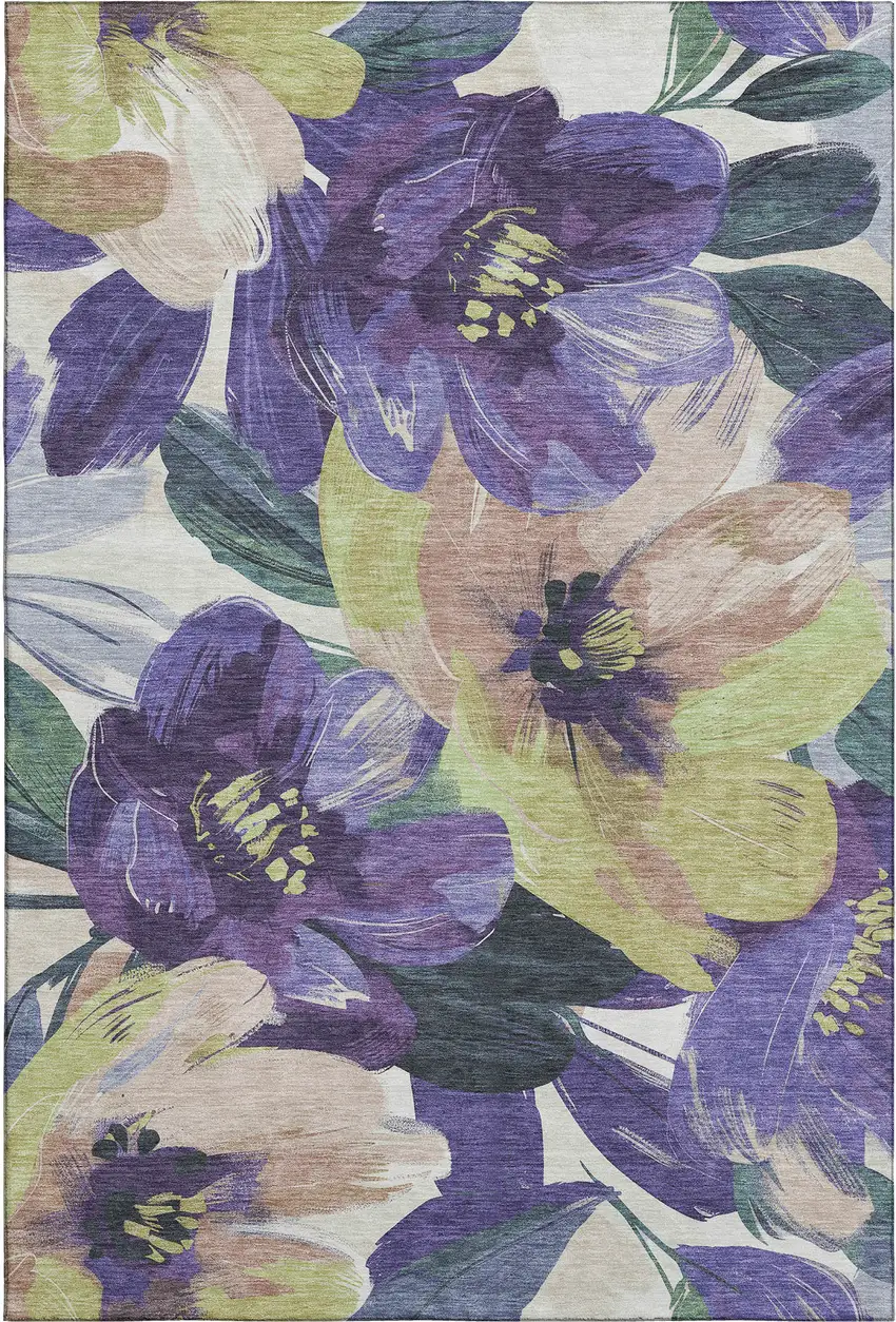 Purple Green And Ivory Floral Washable Area Rug With UV Protection Photo 1