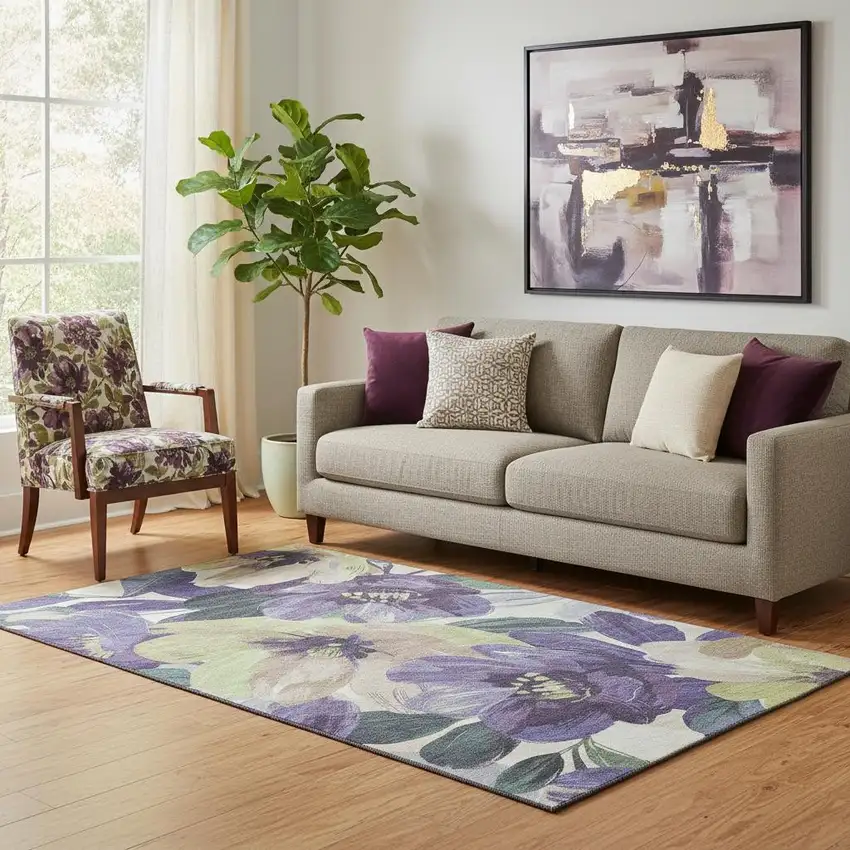 Purple Green And Ivory Floral Washable Area Rug With UV Protection Photo 2