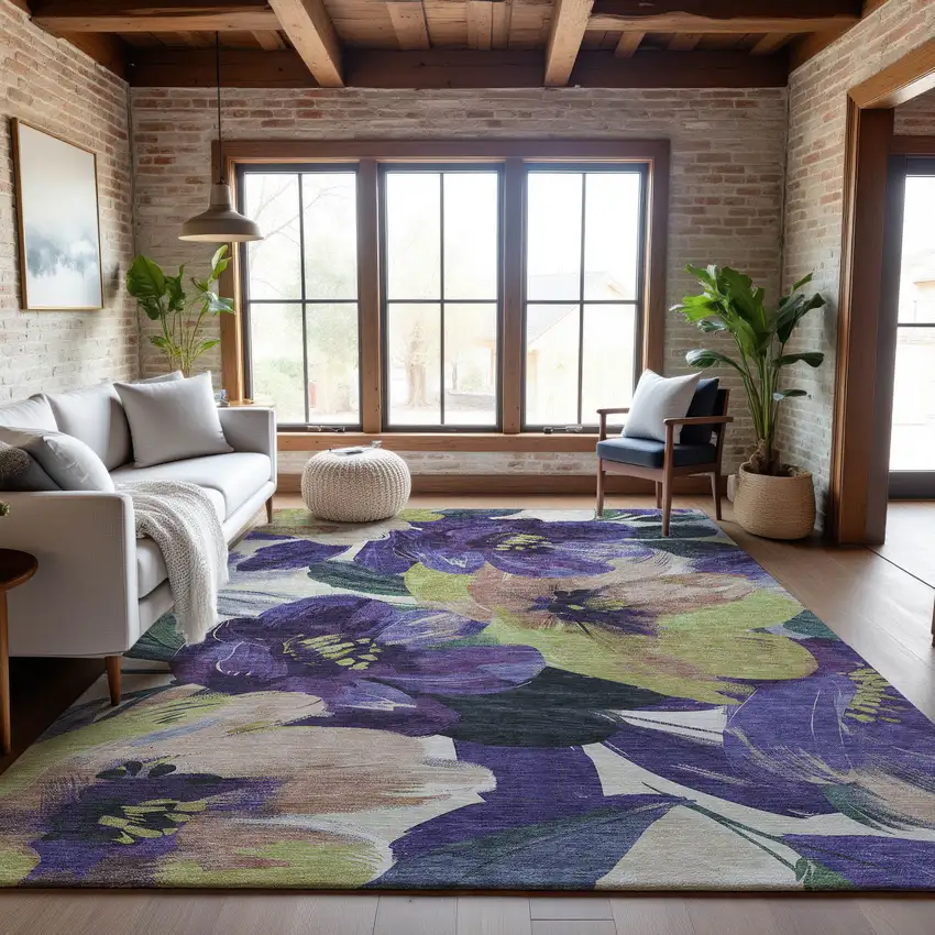 Purple Green And Ivory Floral Washable Area Rug With UV Protection Photo 6