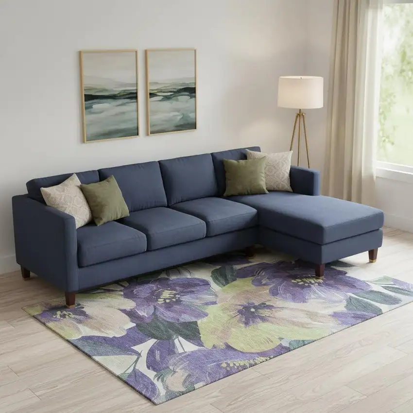 Purple Green And Ivory Floral Washable Area Rug With UV Protection Photo 2