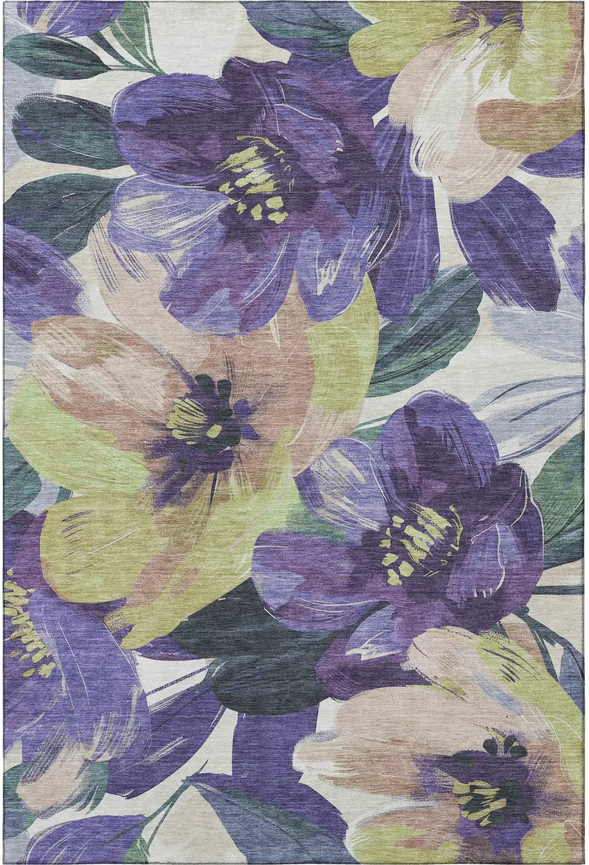 Purple Green And Ivory Floral Washable Area Rug With UV Protection Photo 3