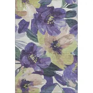 Photo of Purple Green And Ivory Floral Washable Area Rug With UV Protection