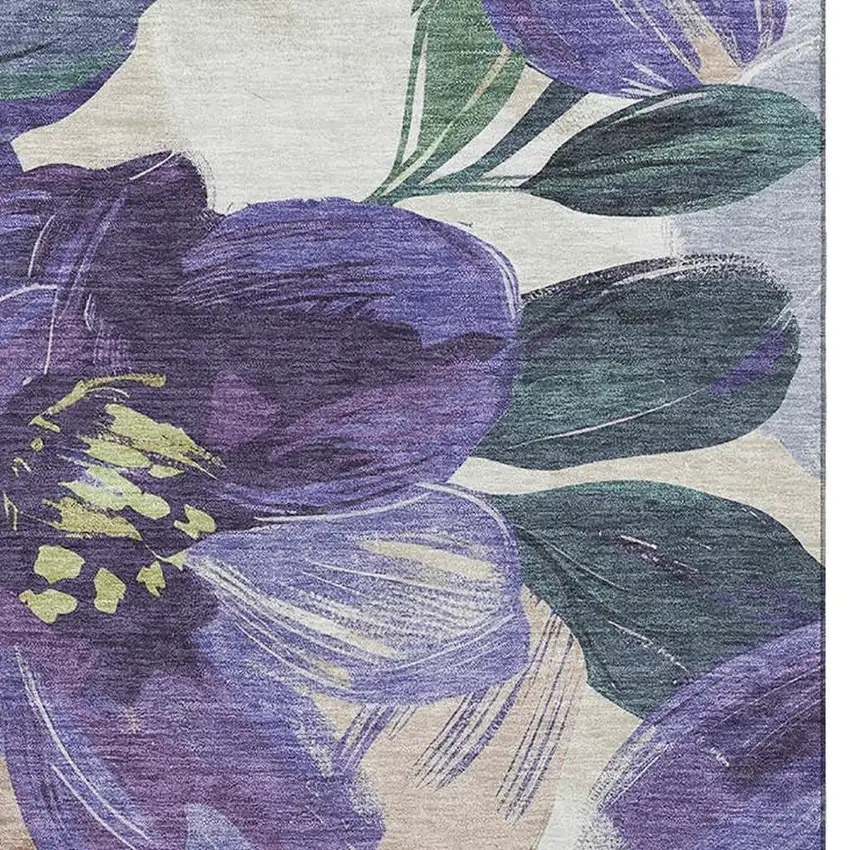 Purple Green And Ivory Floral Washable Area Rug With UV Protection Photo 3