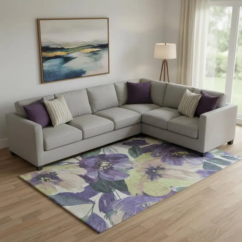 Purple Green And Ivory Floral Washable Area Rug With UV Protection Photo 2