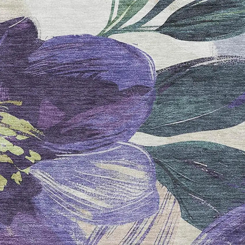 Purple Green And Ivory Floral Washable Area Rug With UV Protection Photo 2