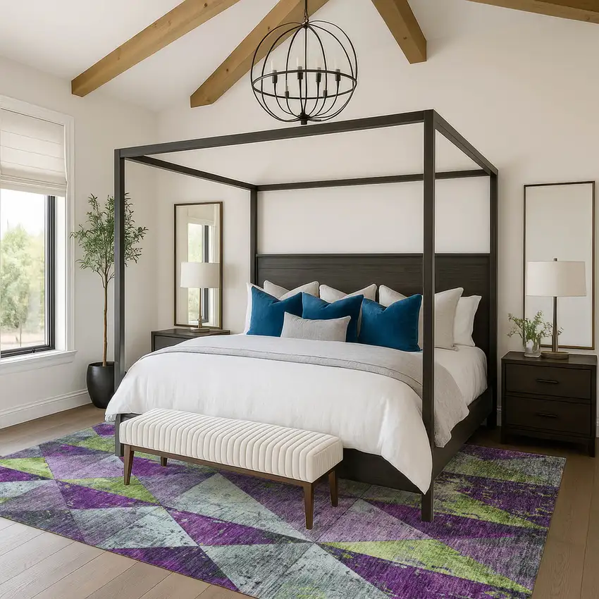 Purple Green And Ivory Geometric Washable Area Rug With UV Protection Photo 4