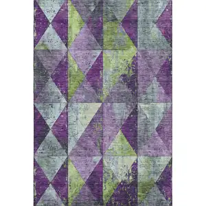 Photo of Purple Green And Ivory Geometric Washable Area Rug With UV Protection