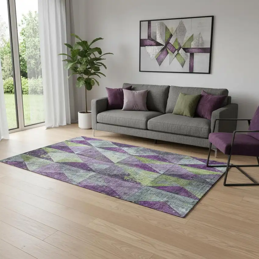 Purple Green And Ivory Geometric Washable Area Rug With UV Protection Photo 2