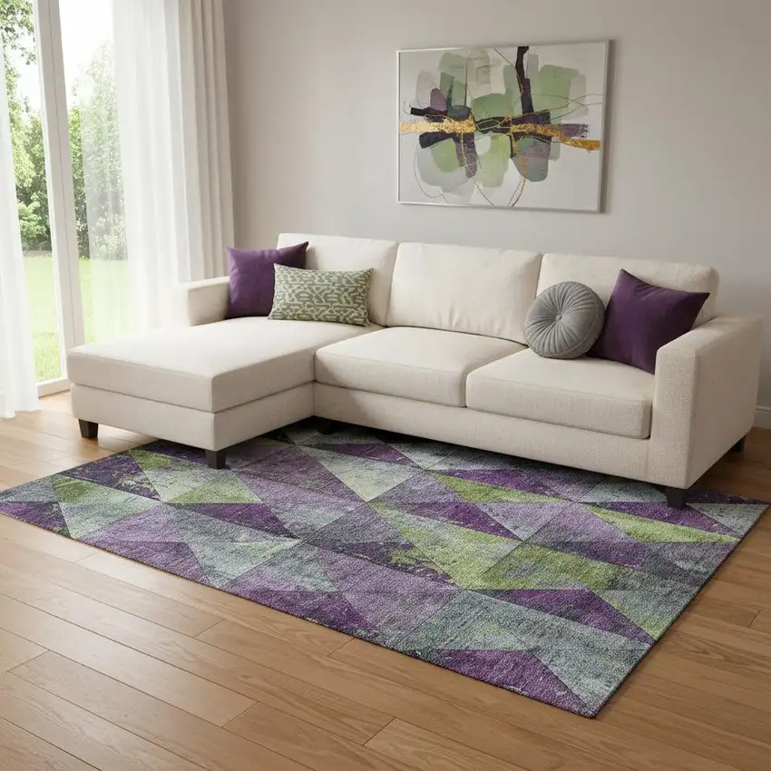 Purple Green And Ivory Geometric Washable Area Rug With UV Protection Photo 2