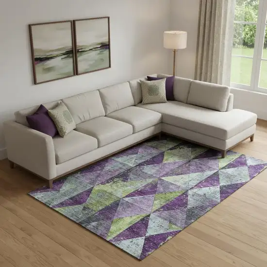 Purple Green And Ivory Geometric Washable Area Rug With UV Protection Photo 2