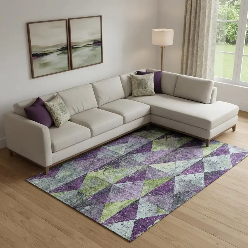 Purple Green And Ivory Geometric Washable Area Rug With UV Protection Photo 2