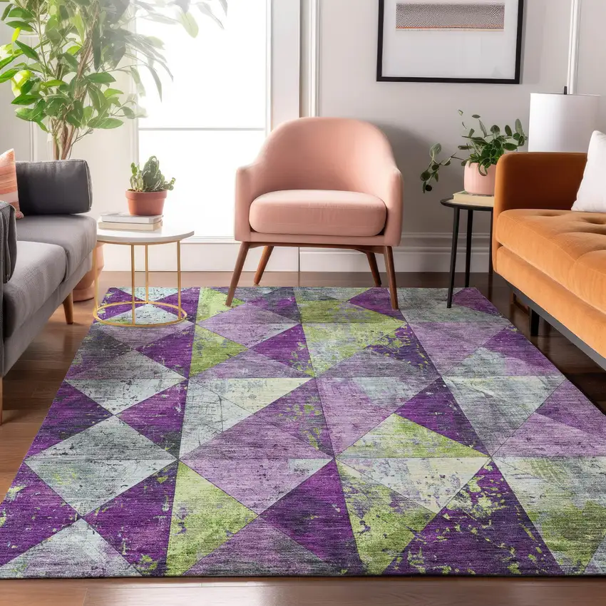 Purple Green And Ivory Geometric Washable Area Rug With UV Protection Photo 6