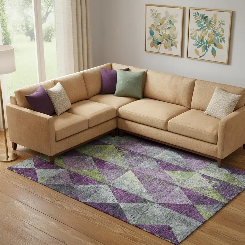 Purple Green And Ivory Geometric Washable Area Rug With UV Protection Photo 2