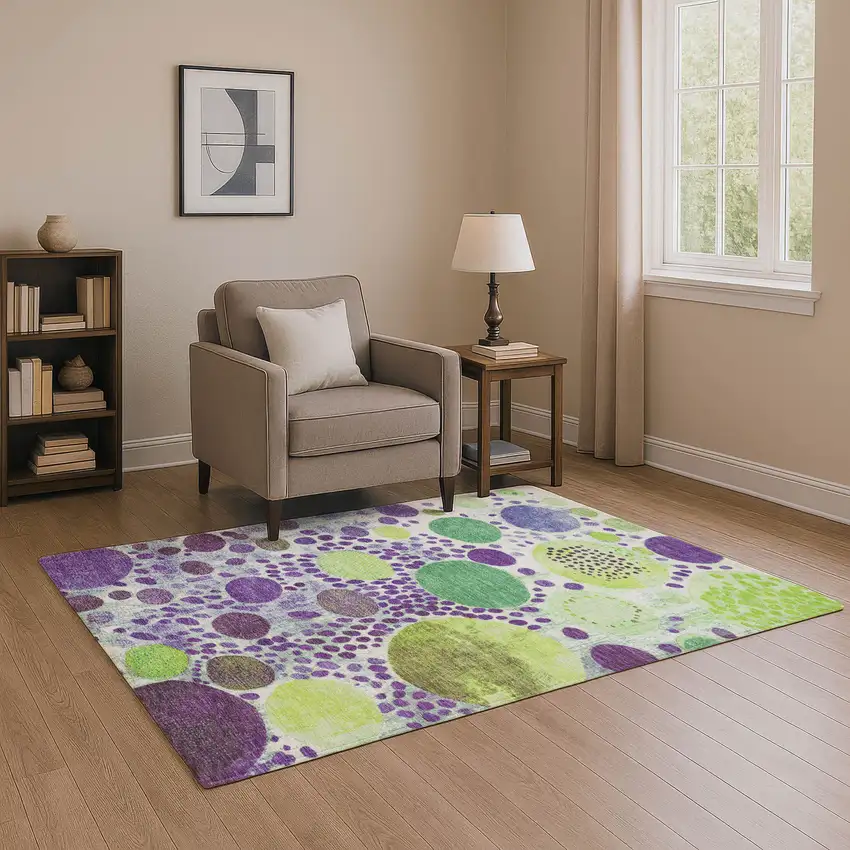 Purple Green And Ivory Geometric Washable Area Rug With UV Protection Photo 2