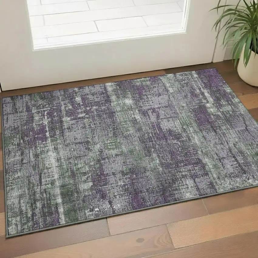 Purple Green And Ivory Geometric Washable Area Rug With UV Protection Photo 2