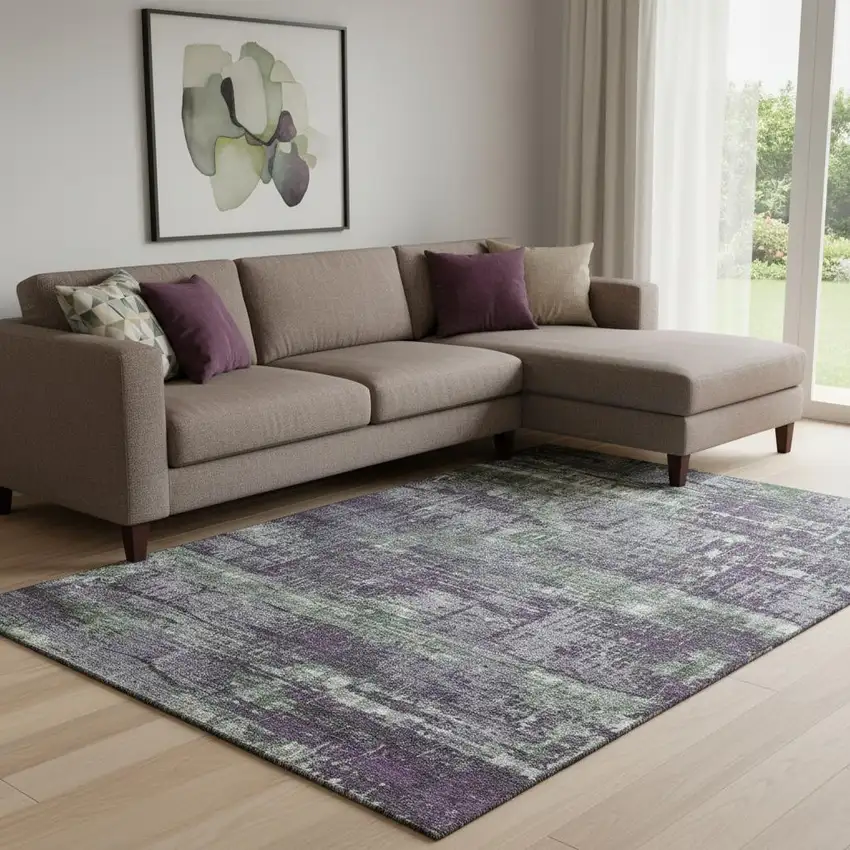 Purple Green And Ivory Geometric Washable Area Rug With UV Protection Photo 2