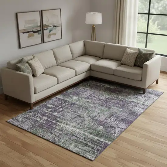 Purple Green And Ivory Geometric Washable Area Rug With UV Protection Photo 2