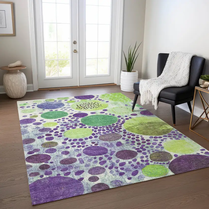 Purple Green And Ivory Geometric Washable Indoor Outdoor Area Rug Photo 5