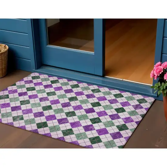 Purple Green And Ivory Geometric Washable Indoor Outdoor Area Rug Photo 1