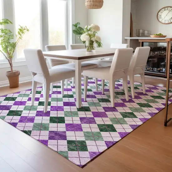 Purple Green And Ivory Geometric Washable Indoor Outdoor Area Rug Photo 9