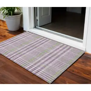 Photo of Purple Green And Ivory Plaid Washable Indoor Outdoor Area Rug