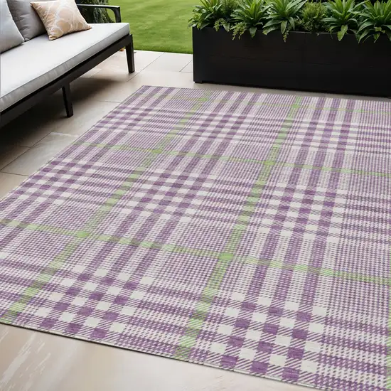 Purple Green And Ivory Plaid Washable Indoor Outdoor Area Rug Photo 1