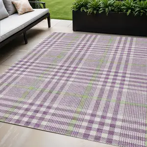 Photo of Purple Green And Ivory Plaid Washable Indoor Outdoor Area Rug