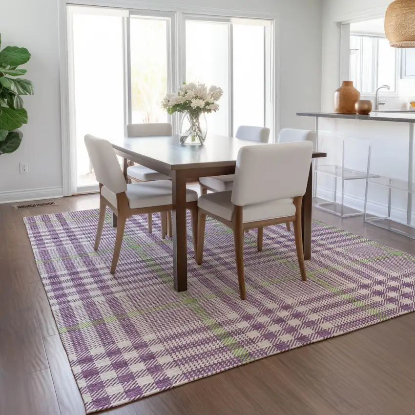Purple Green And Ivory Plaid Washable Indoor Outdoor Area Rug Photo 9