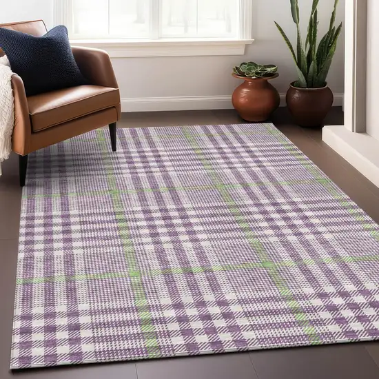Purple Green And Ivory Plaid Washable Indoor Outdoor Area Rug Photo 8