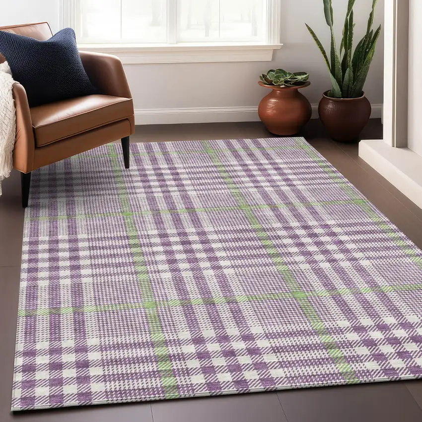 Purple Green And Ivory Plaid Washable Indoor Outdoor Area Rug Photo 8