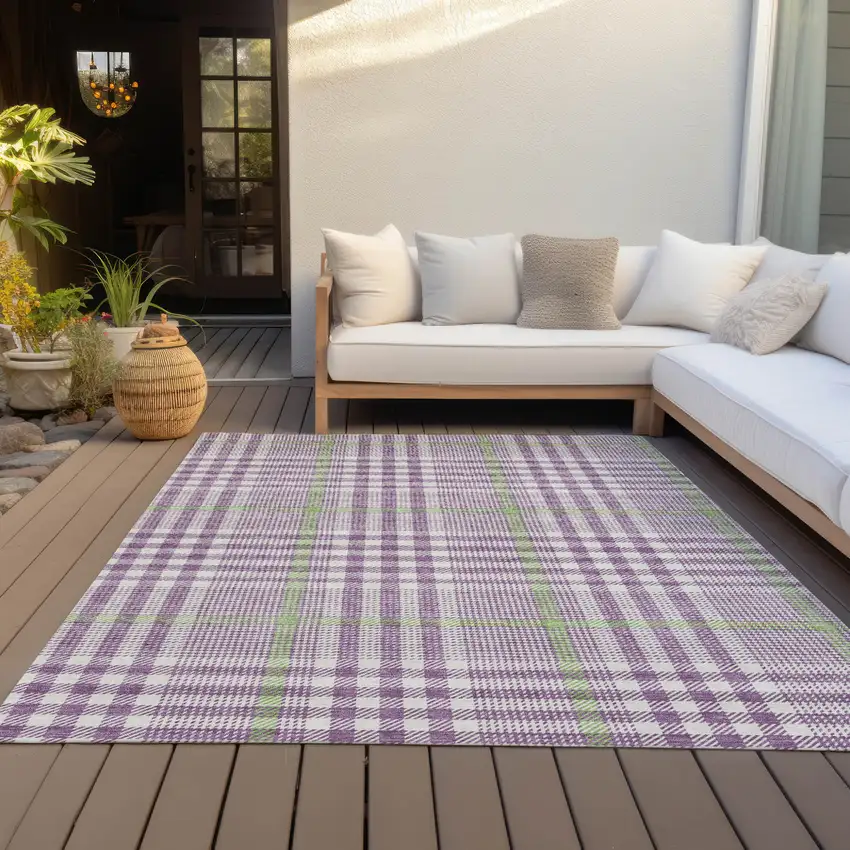 Purple Green And Ivory Plaid Washable Indoor Outdoor Area Rug Photo 9