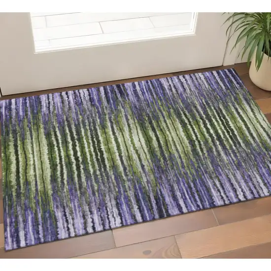 Purple Green And Ivory Striped Washable Area Rug With UV Protection Photo 1