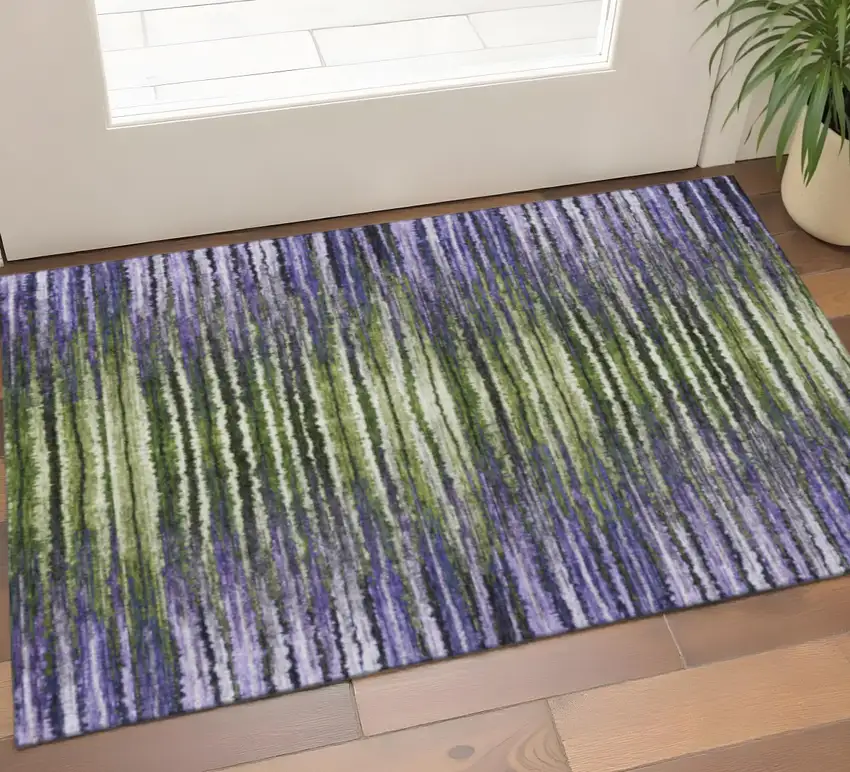 Purple Green And Ivory Striped Washable Area Rug With UV Protection Photo 1