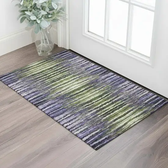 Purple Green And Ivory Striped Washable Area Rug With UV Protection Photo 1