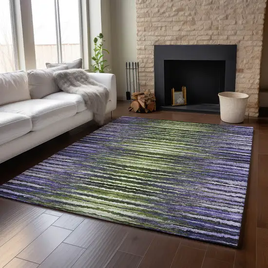 Purple Green And Ivory Striped Washable Area Rug With UV Protection Photo 5