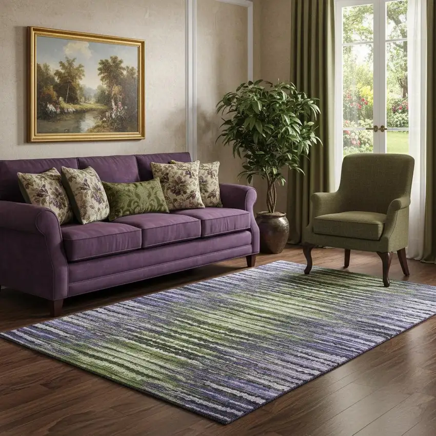 Purple Green And Ivory Striped Washable Area Rug With UV Protection Photo 1