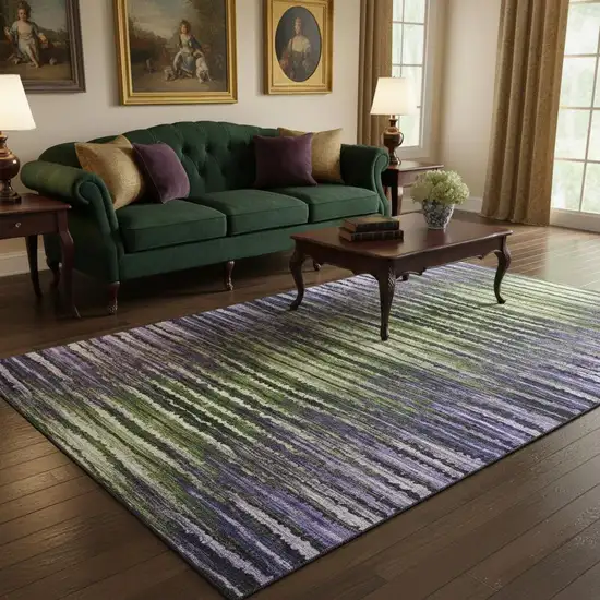 Purple Green And Ivory Striped Washable Area Rug With UV Protection Photo 2