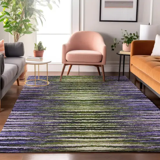 Purple Green And Ivory Striped Washable Area Rug With UV Protection Photo 5