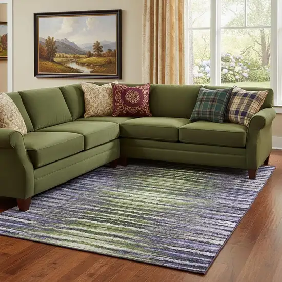 Purple Green And Ivory Striped Washable Area Rug With UV Protection Photo 1