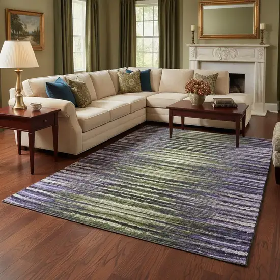 Purple Green And Ivory Striped Washable Area Rug With UV Protection Photo 2