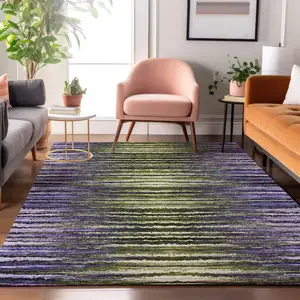Photo of Purple Green And Ivory Striped Washable Area Rug With UV Protection
