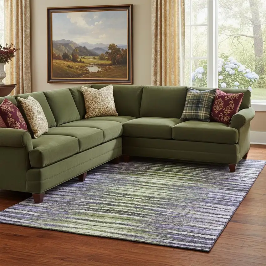 Purple Green And Ivory Striped Washable Area Rug With UV Protection Photo 2