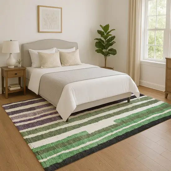 Purple Green And Ivory Striped Washable Area Rug With UV Protection Photo 5