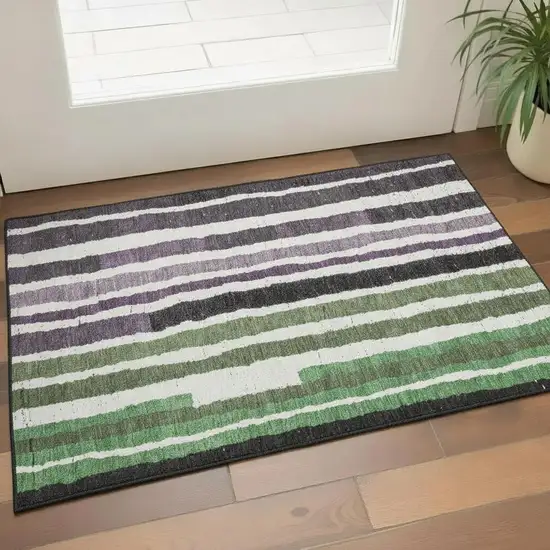 Purple Green And Ivory Striped Washable Area Rug With UV Protection Photo 2