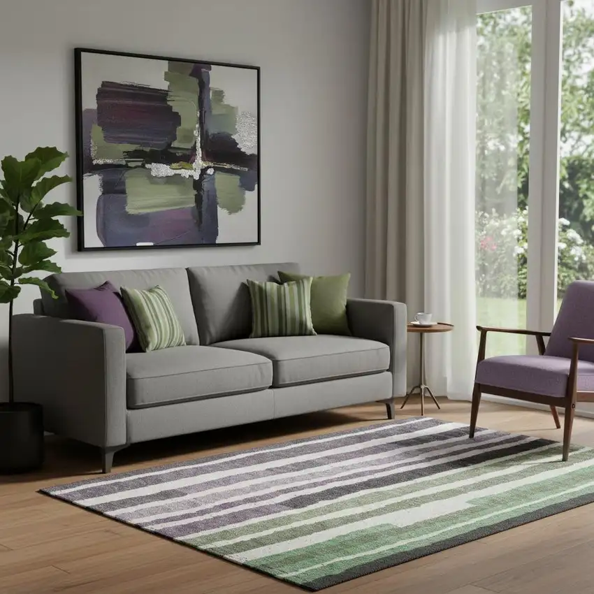 Purple Green And Ivory Striped Washable Area Rug With UV Protection Photo 2