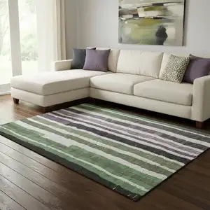 Photo of Purple Green And Ivory Striped Washable Area Rug With UV Protection