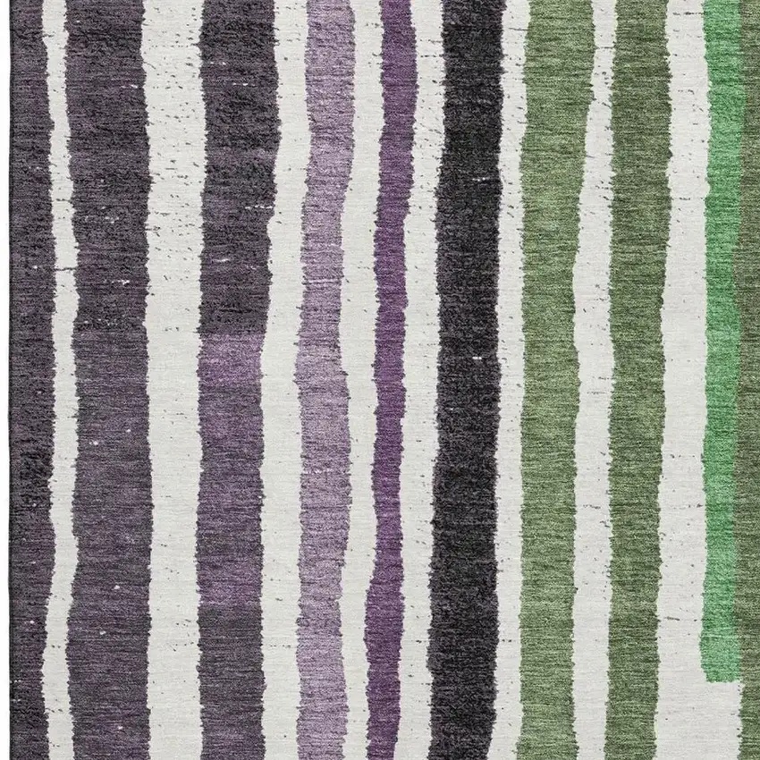 Purple Green And Ivory Striped Washable Area Rug With UV Protection Photo 4